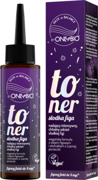 OnlyBio Hair in Balance toner Słodka Figa, fioletowa butelka i pudełko, widok z przodu. Nadaje włosom chłodny odcień figi.