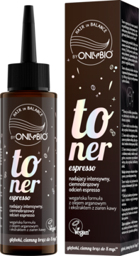 OnlyBio Hair in Balance toner espresso, ciemna butelka z aplikatorem i brązowy kartonik, widok z przodu.
