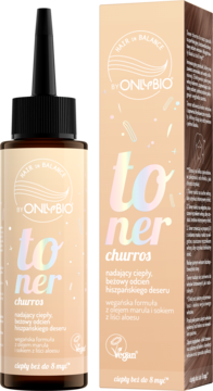 OnlyBio Toner Churros do włosów blond, beżowa butelka z aplikatorem i kartonik, widok z przodu.