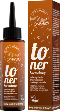 OnlyBio Hair in Balance toner karmelowy, brązowa butelka z aplikatorem i karton, przodem. Wegański, na ciepły brąz.