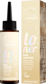 Toner OnlyBio Hair in Balance Biała Czekolada w beżowej butelce i kartoniku, widok z przodu, odcień kremowo-złocisty.