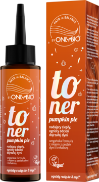 OnlyBio toner 'pumpkin pie' w butelce i pudełku. Ognisty rudy odcień dyni do włosów, widok z przodu.