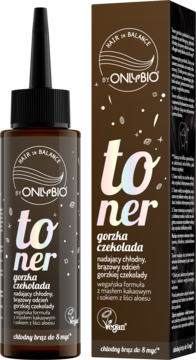 Toner OnlyBio Hair in Balance gorzka czekolada, butelka i pudełko, nadaje chłodny brąz do 8 myć.