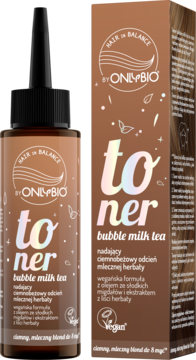 OnlyBio Hair in Balance toner bubble milk tea, butelka i pudełko, dla ciemnobeżowego odcienia włosów.