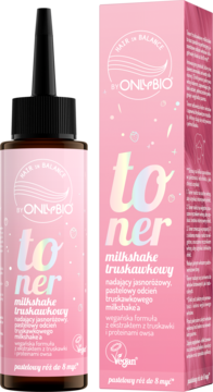 Toner OnlyBio Hair in Balance truskawkowy, do włosów blond, w różowej butelce i kartoniku, efekt pastelowy róż.