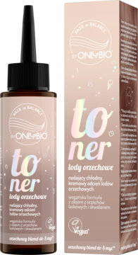Toner OnlyBio Hair in Balance Lody Orzechowe: brązowa butelka i pudełko z przodu, nadaje chłodny, kremowy odcień.