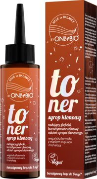 Toner OnlyBio Hair in Balance Syrop Klonowy: butelka z aplikatorem i pudełko, dla włosów blond, bursztynowo-miodowy odcień.