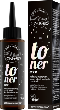 Toner OnlyBio Hair in Balance Oreo, czarny odcień kruchych ciasteczek, w butelce z aplikatorem i pudełku na żółtym tle.