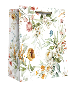 Biała torebka prezentowa z wielokolorowym, akwarelowym wzorem kwiatów i zielonych liści, widok z przodu pod kątem.