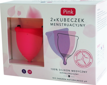 Opakowanie z dwoma różowymi kubeczkami menstruacyjnymi Pink (S, M) z silikonu medycznego, widok z przodu.