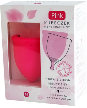 Intensywnie różowy kubeczek menstruacyjny Pink M, widoczny przez okno białego pudełka z opisem i rysunkiem.