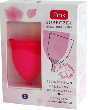 Kubeczek menstruacyjny Pink S z medycznego silikonu, różowy, w biało-różowym pudełku, widok z przodu.