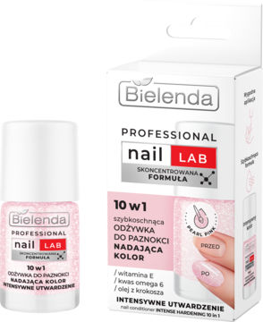 Bielenda Professional Nail Lab 10w1 odżywka Pearl Pink, butelka i opakowanie. Szybkoschnąca, utwardzająca.