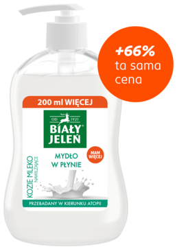 Biały Jeleń nawilżające mydło w płynie Kozie Mleko w białej butelce z pompką, widok z przodu. Oferta +66% więcej.