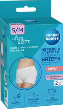 Canpol babies Ultra Soft majtki poporodowe S/M w niebieskim pudełku, widok z przodu, z obrazkiem białych majtek.