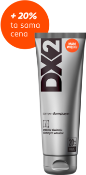 Srebrna tubka szamponu DX2 dla mężczyzn przeciw siwieniu ciemnych włosów, z ofertą +20% więcej za tą samą cenę.