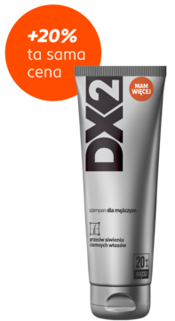 DX2 Szampon dla mężczyzn przeciw siwieniu ciemnych włosów, srebrna tubka, widok z przodu z pomarańczowym banerem +20%.