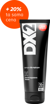 Czarny szampon DX2 dla mężczyzn przeciw wypadaniu włosów, +20% więcej, na intensywnie pomarańczowym tle.