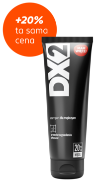 Czarny szampon DX2 przeciw wypadaniu włosów, tubka z napisem "+20% ta sama cena", widok z przodu.