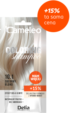 Biała saszetka szamponu koloryzującego Cameleo 10.1 Srebrny Blond, przód, z pomarańczowymi etykietami +15%.