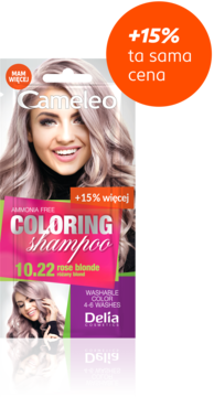 Cameleo Coloring Shampoo 10.22 rose blonde w fioletowo-różowej saszetce, widok z przodu. Z modelem, +15% więcej.