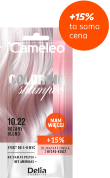 Cameleo szampon koloryzujący 10.22 Różany Blond, biało-różowa saszetka, z przodu okrągła naklejka +15%.
