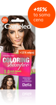 Szaszetka Cameleo Coloring Shampoo 3.0 dark brown, bez amoniaku, z modelką i informacją +15% więcej.