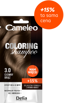Front opakowania Cameleo Coloring Shampoo 3.0 Ciemny Brąz. Zwiększona pojemność (+15%), bez amoniaku.