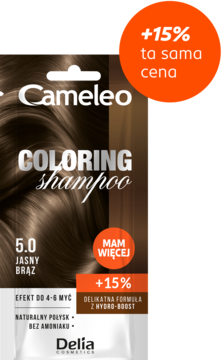 Cameleo Coloring Shampoo 5.0 Jasny Brąz. Ciemnobrązowa saszetka z włosami i napisem +15% gratis, widok z przodu.