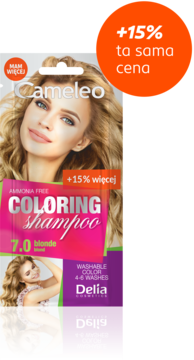 Fioletowo-różowe opakowanie szamponu Cameleo Coloring Shampoo 7.0 blonde z napisem +15% więcej w tej samej cenie.
