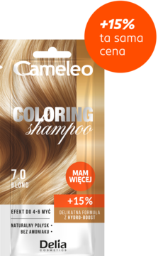 Cameleo Delia Cosmetics szampon koloryzujący 7.0 blond, bez amoniaku, w złotym opakowaniu, +15% więcej.