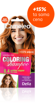 Szampon koloryzujący Cameleo 8.4 golden copper, opakowanie z uśmiechniętą kobietą, +15% za tę samą cenę.