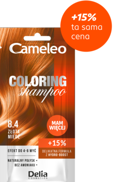 Szampon koloryzujący Cameleo 8.4 Złota Miedź, pomarańczowa saszetka, efekt do 4-6 myć, +15% gratis.