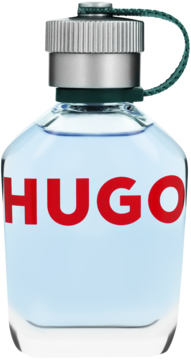 Hugo Boss woda toaletowa, przezroczysta szklana butelka z czerwoną etykietą HUGO, srebrna zakrętka, widok z przodu.