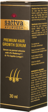 Sattva Ayurveda Premium Hair Growth Serum, czarno-złote opakowanie, widok z przodu i z boku. Widoczne 30 ml.