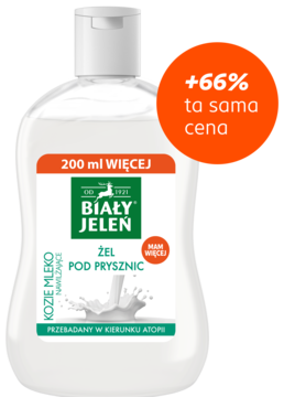 Nawilżający żel pod prysznic Biały Jeleń Kozie Mleko, biała butelka, 200 ml więcej, widok z przodu, +66%.