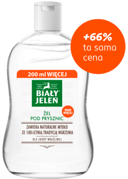 Biały Jeleń żel pod prysznic do skóry wrażliwej w przezroczystej butelce z pomarańczową naklejką +66%.
