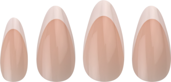 Cztery sztuczne paznokcie french migdałki w odcieniu nude z białymi końcówkami, błyszczące, widok z przodu.
