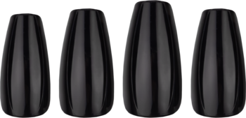 Cztery błyszczące, czarne sztuczne paznokcie KillyS Salon Results, kształt trumienki, ułożone pionowo.