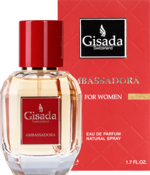 Flakon perfum Gisada Ambassadora z bursztynowym płynem i czerwonym korkiem, z tyłu czerwone opakowanie.