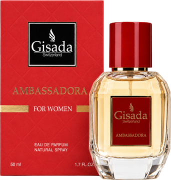 Gisada Ambassadora damska woda perfumowana, czerwone pudełko i fasetowana butelka ze złotym płynem, widok z przodu.