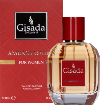 Złota butelka Gisada Ambassadora dla kobiet EDP, czerwony kapsel, obok dopasowane pudełko 100ml na czerwonym tle.