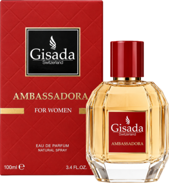 Gisada Ambassadora woda perfumowana dla kobiet 100ml, złota butelka i czerwone pudełko na czerwonym tle.
