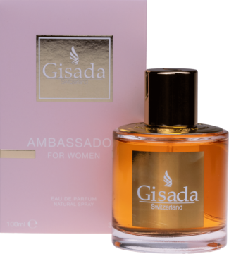 Gisada Ambassador for Women EDP, bursztynowa butelka i różowe pudełko ze złotym logo, na jasnym tle.