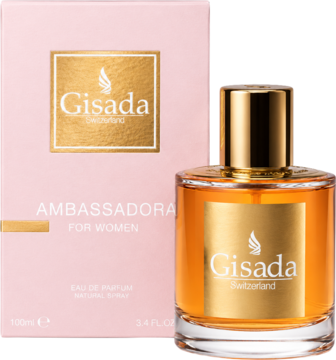 Różowe pudełko i elegancki złoty flakon Gisada Ambassador For Women EDP 100ml, widok pod kątem.