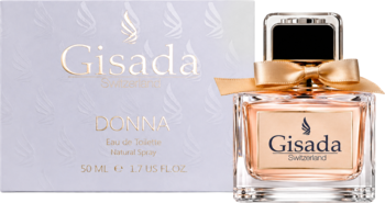 Gisada Donna Eau de Toilette, butelka z jasnym płynem, złota wstążka, częściowo widoczne białe opakowanie.