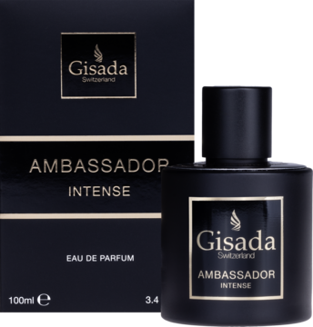 Gisada Ambassador Intense EDP dla mężczyzn 100ml, czarna butelka i pudełko ze złotymi napisami, widok z przodu.