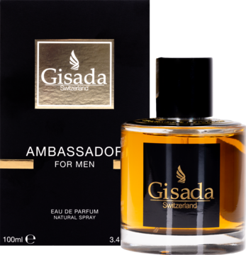 Męska woda perfumowana Gisada Ambassador w czarnym pudełku i prostokątnej butelce z bursztynowym płynem.