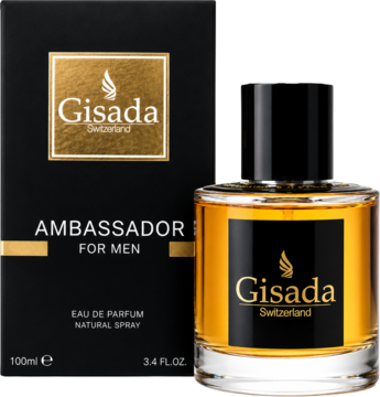 Gisada Ambassador for Men EDP, czarno-złoty flakon z bursztynowym płynem i pudełko, widok z przodu.