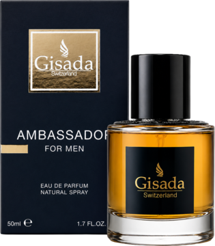 Bursztynowa butelka Gisada Ambassador For Men 50ml, woda perfumowana, z granatowym pudełkiem, widok pod kątem.